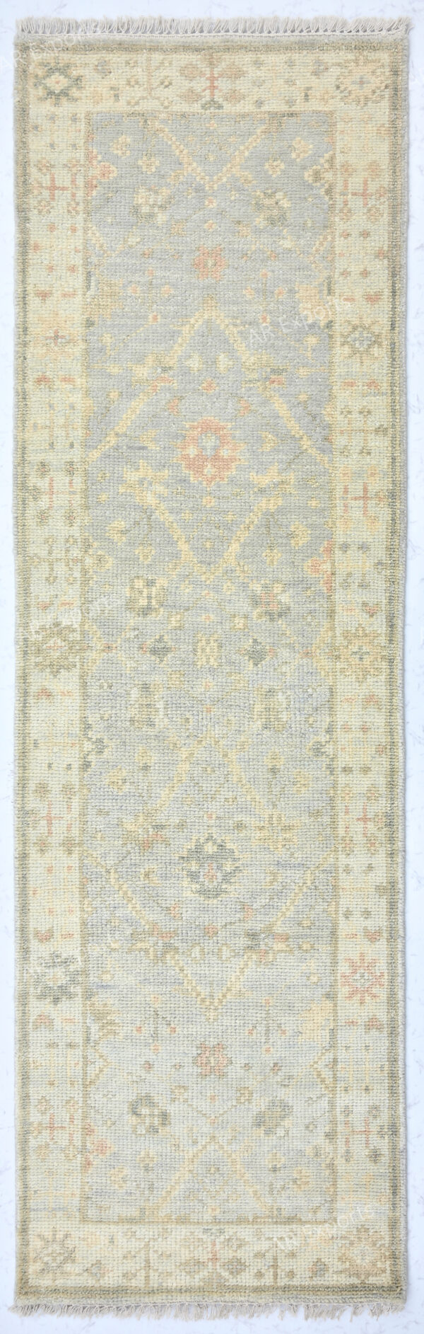 Hand-Knotted Turkish Pastel Oushak Runner Rug – Silver Aqua