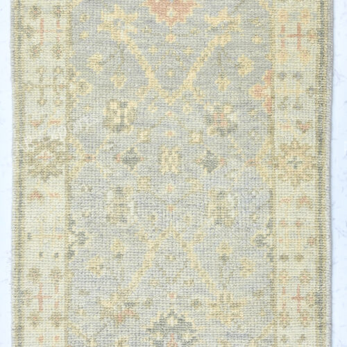Hand-Knotted Turkish Pastel Oushak Runner Rug – Silver Aqua