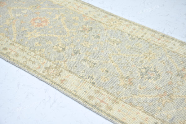 Hand-Knotted Turkish Pastel Oushak Runner Rug – Silver Aqua