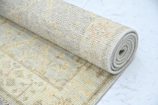 Hand-Knotted Turkish Pastel Oushak Runner Rug – Silver Aqua