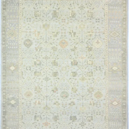 Hand-Knotted Turkish Pastel Oushak Rug – Aqua Silver Wool Rug