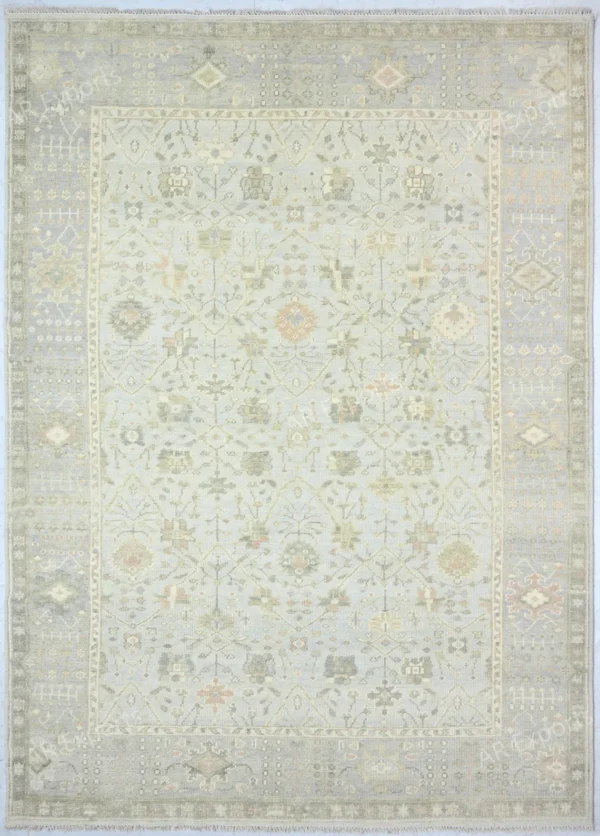 Hand-Knotted Turkish Pastel Oushak Rug – Aqua Silver Wool Rug