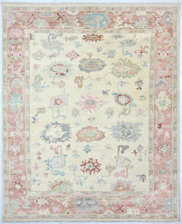 Hand-Knotted Turkish Colorful Oushak Rug – Beige Rust
