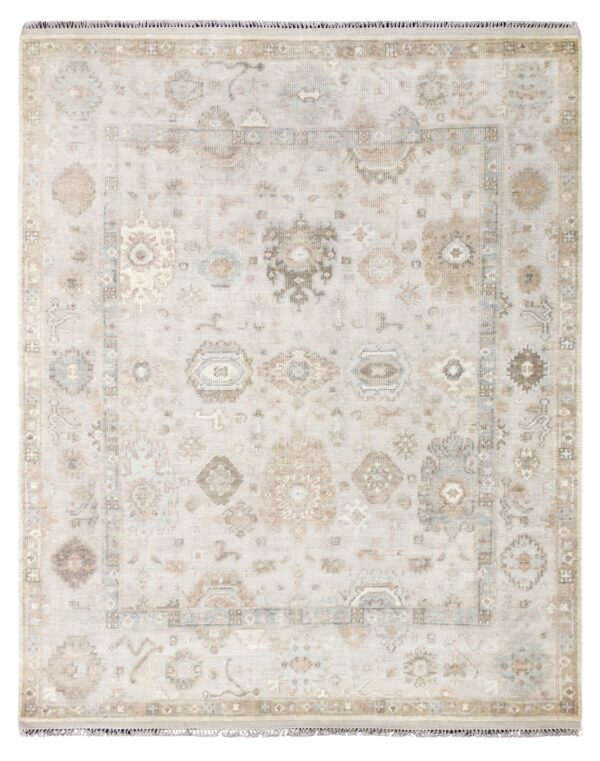 Hand-Knotted High Low Oushak Rug – Beige Wool Rug