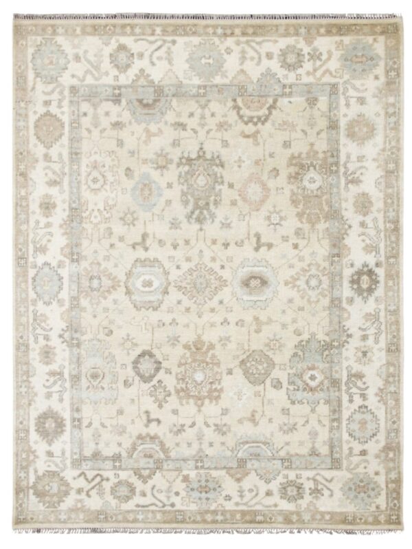 Hand-Knotted Turkish Pastel Oushak Rug – Beige Ivory